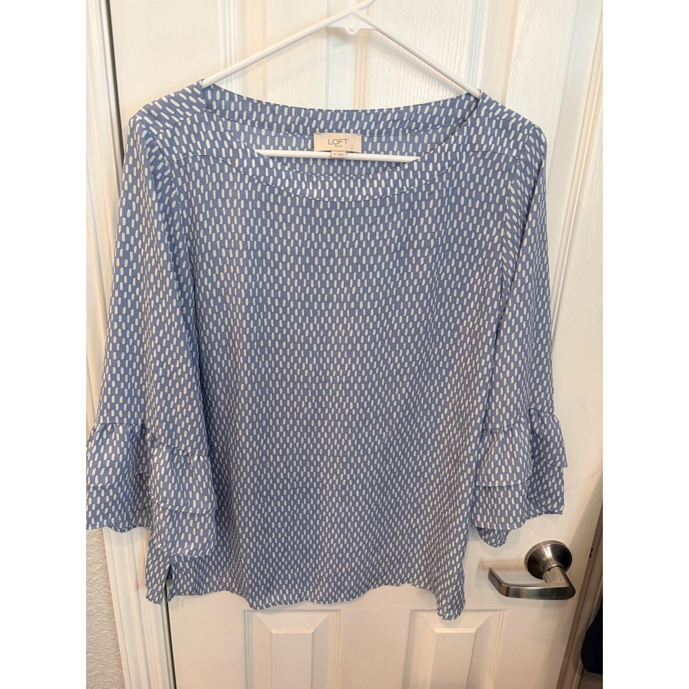 LOFT Outlet Blouse Blue White Dash Print Ruffle Bell Sleeve Top